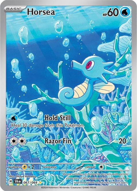 Pokémon Shrouded Fable Horsea trading card from the Singles collection, featuring detailed artwork of the Water-type Pokémon.