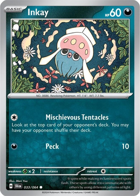 Shrouded Fable Inkay Pokémon singles card, featuring a dark, mysterious design with Inkay in a shadowy setting.