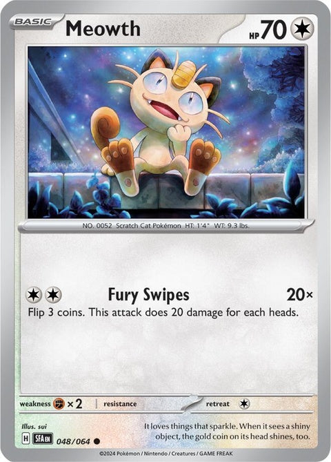 Shrouded Fable Pokémon Meowth single card, 48, featuring artwork of the feline Pokémon from the Pokémon brand.