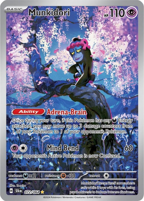 Pokémon Shrouded Fable Munkidori single card featuring artwork of a fox-like Pokémon in vibrant colors.