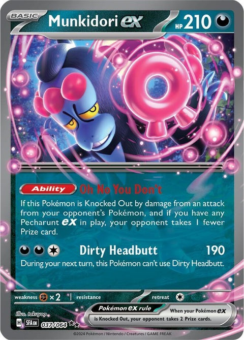 Pokémon Shrouded Fable Munkidori EX single card featuring artwork of the Pokémon Munkidori in a vibrant, dynamic pose.