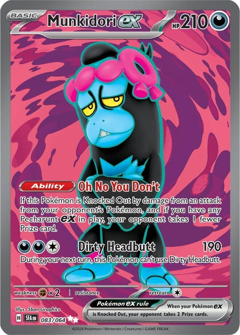 Pokémon Shrouded Fable Munkidori EX singles card featuring artwork of Munkidori Pokémon with vibrant colors and detailed design.