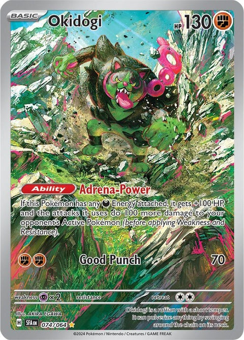 Pokémon Shrouded Fable Okidogi singles card featuring artwork of the Legendary Pokémon Okidogi from the Pokémon TCG set.