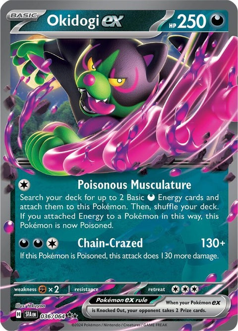 Pokémon Shrouded Fable Okidogi Ex singles card featuring artwork of Okidogi Ex Pokémon on a vibrant background.