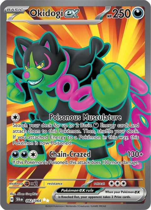 Pokémon Shrouded Fable Okidogi-Ex card, featuring detailed artwork of the Pokémon Okidogi in a dynamic pose.