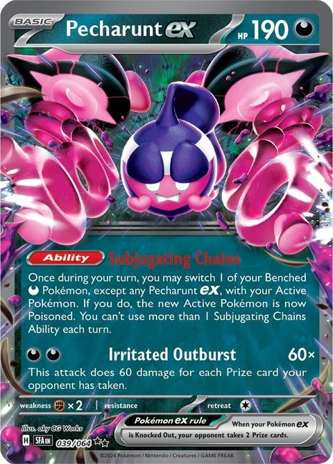 Pokémon Shrouded Fable Pecharunt EX single card featuring artwork of a dark, mysterious Pokémon with vibrant colors.