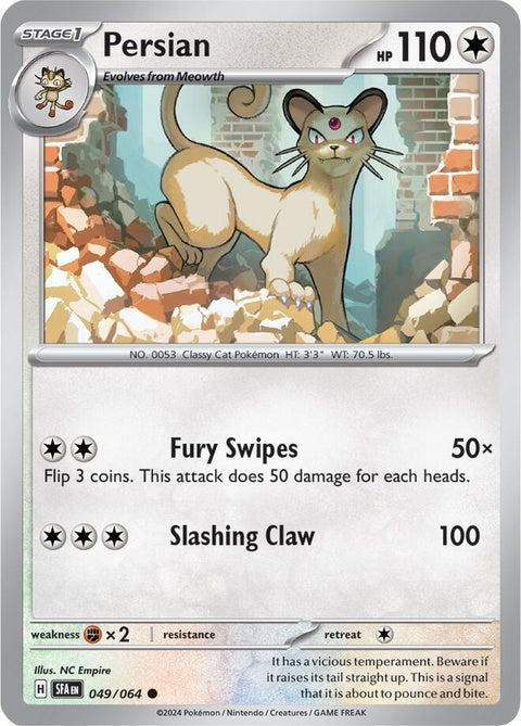 Pokémon Shrouded Fable Persian card, 49, from the Singles collection, featuring a detailed illustration of the feline Pokémon.