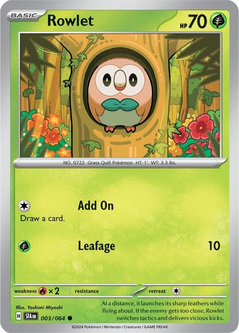 Pokémon Shrouded Fable Rowlet single card displayed with detailed artwork and vibrant colors.