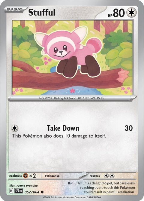 Pokémon Shrouded Fable Stufful collectible card featuring colorful artwork and detailed illustration of the Pokémon.