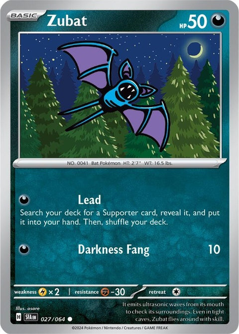 Shrouded Fable Zubat Pokémon single card featuring a dark, mysterious illustration of the bat creature from the Pokémon brand.