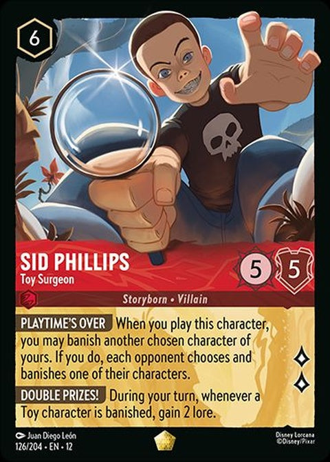 Sid Phillips from Disney Lorcana Toy Surgeon singles card, featuring detailed illustration of Sid in a toy-making scene.