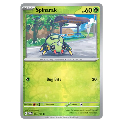Reverse holo Spinarak 004/167 Pokémon card from Twilight Masquerade set by KTM Collectibles UK, featuring detailed artwork.