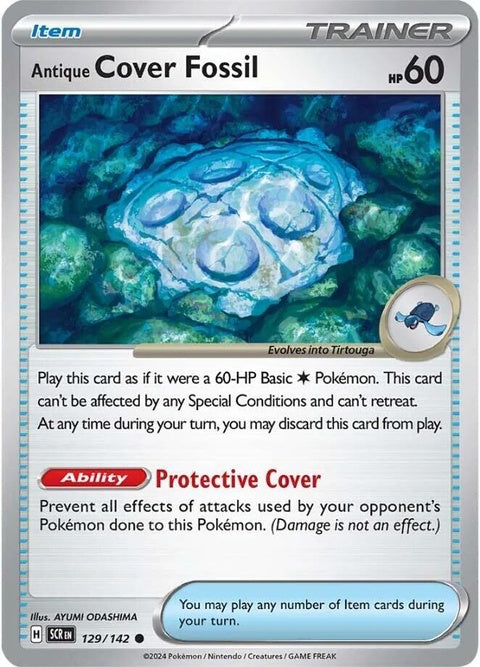 Pokémon Stellar Crown Antique Cover Fossil singles card featuring a detailed fossil design against a vibrant background.