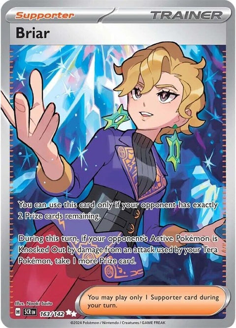 Pokémon Stellar Crown Briar 163 singles card featuring vibrant artwork and detailed design on a white background.