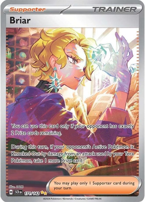Pokémon Stellar Crown Briar 171 singles card featuring a detailed illustration of Briar in a vibrant, colorful design.