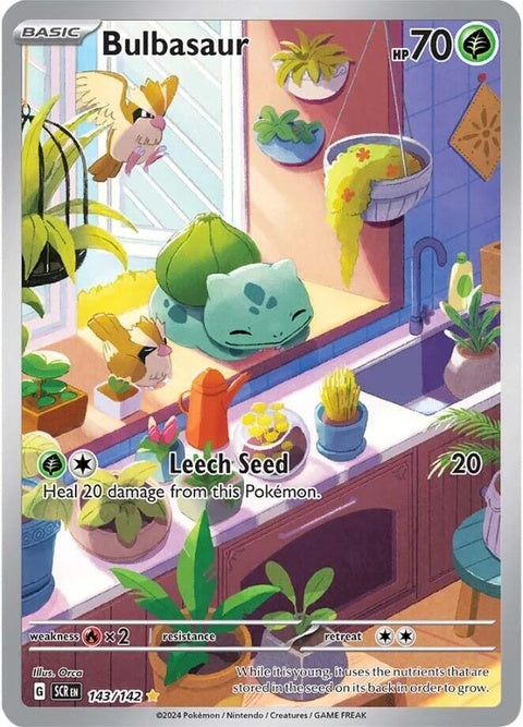 Pokémon Stellar Crown Bulbasaur trading card featuring Bulbasaur with a Stellar Crown design, collectible Pokémon card.