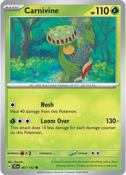 Pokémon Stellar Crown Carnivine 7 singles card featuring artwork of Carnivine in a vibrant Pokémon trading card image.