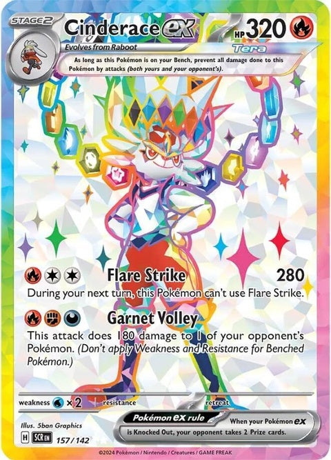 Stellar Crown Cinderace EX Pokémon card from the Singles set, featuring a dynamic illustration of the Fire-type Pokémon.