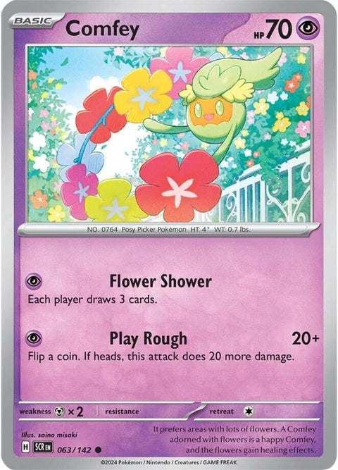 Pokémon Stellar Crown Comfey singles card featuring vibrant artwork and detailed design, part of the Pokémon trading card game.