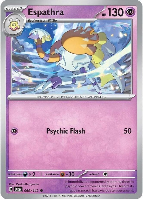 Pokémon Stellar Crown Espathra card from the Singles collection, featuring detailed artwork of the Pokémon Espathra.