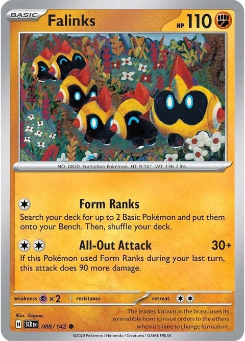 Pokémon Stellar Crown Falinks 88 single card featuring Falinks with vibrant artwork and detailed design.