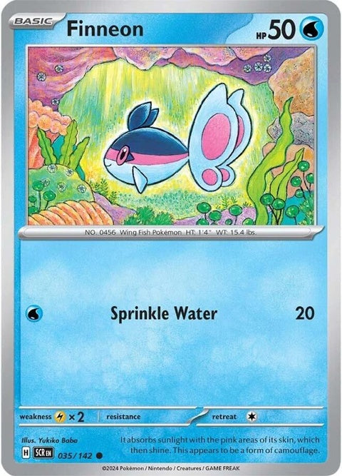 Pokémon Stellar Crown Finneon 35 singles card featuring a colorful Finneon Pokémon illustration