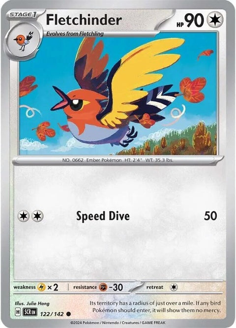 Fletchinder Pokémon from the Stellar Crown series, single card, featuring detailed illustration and vibrant colors.