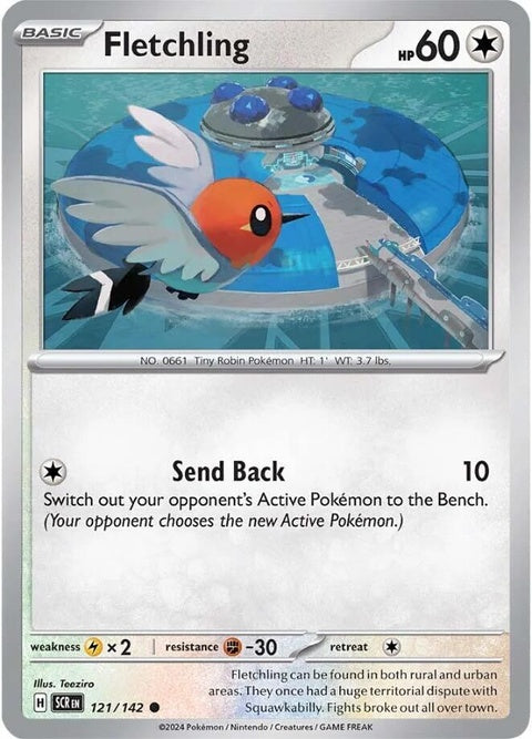 Pokémon Stellar Crown Fletchling singles card featuring a colorful illustration of the bird Pokémon with vibrant details.