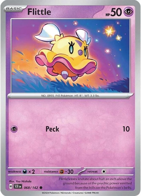 Pokémon Stellar Crown Flittle 68 single card featuring Flittle with vibrant artwork and celestial-themed design.