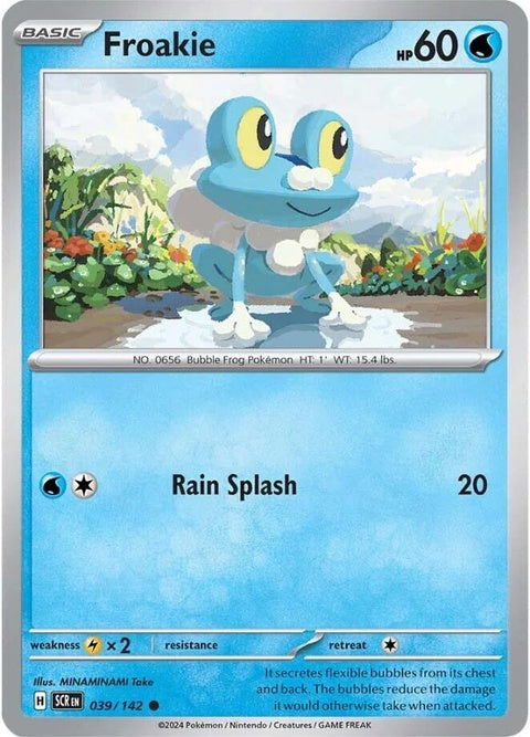 Froakie Pokémon trading card from the Stellar Crown series, featuring a blue amphibian with a crown, on a vibrant background.