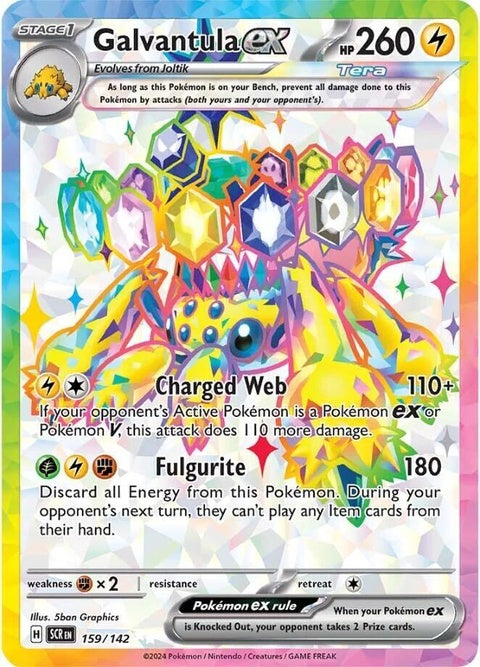 Pokémon Stellar Crown Galvantula EX card from the Singles set, featuring detailed illustration of the electric bug Pokémon.
