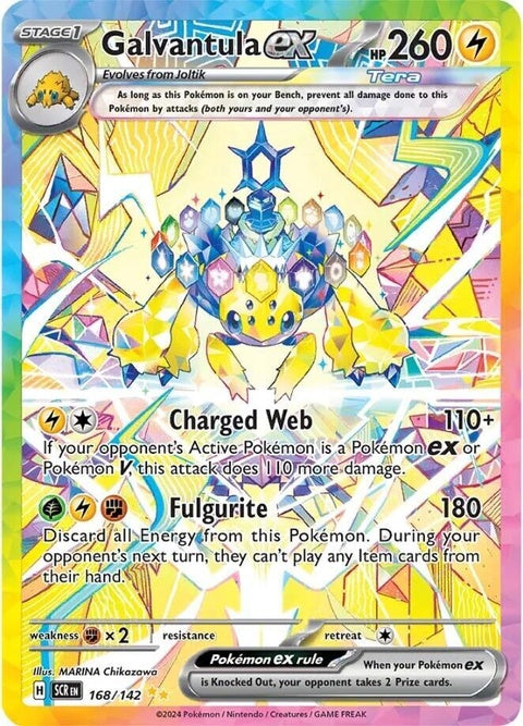 Pokémon Stellar Crown Galvantula EX 168 card featuring detailed illustration of electric spider Pokémon on a vibrant background