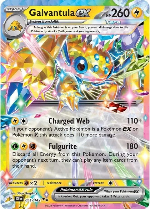 Pokémon Stellar Crown Galvantula-EX card from the Singles series, featuring detailed artwork of the Electric Bug Pokémon.