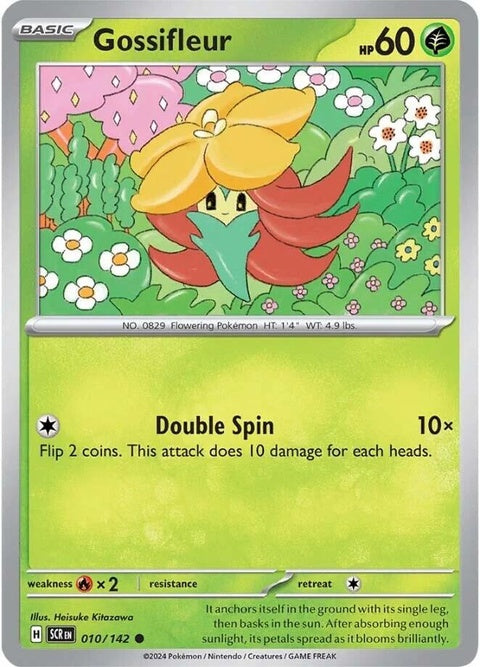 Pokémon Stellar Crown Gossifleur single card, featuring colorful illustration of Gossifleur from the Pokémon trading card game.
