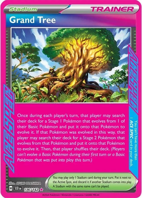 Pokémon Stellar Crown Grand Tree single card featuring intricate artwork of a grand tree with a celestial design.