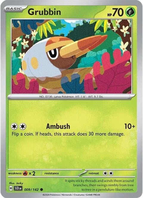 Pokémon Stellar Crown Grubbin Singles card, close-up of detailed Pokémon illustration on a collectible trading card.