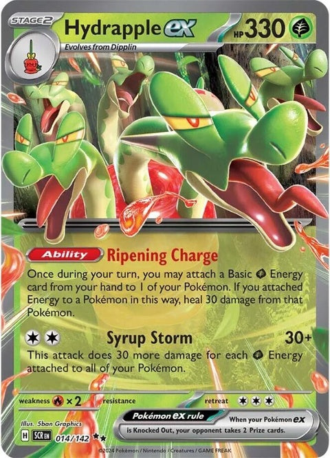 Pokémon Stellar Crown Hydrapple EX 14 singles card featuring vibrant artwork of Hydrapple in a dynamic pose.