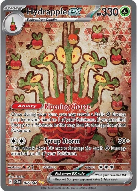Pokémon Stellar Crown Hydrapple EX Singles card featuring illustration of Hydrapple, with vibrant artwork and details in the image.