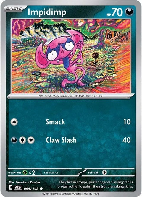 Impidimp Pokémon with Stellar Crown, from Pokémon singles collection, shown in detailed close-up with vibrant colors.