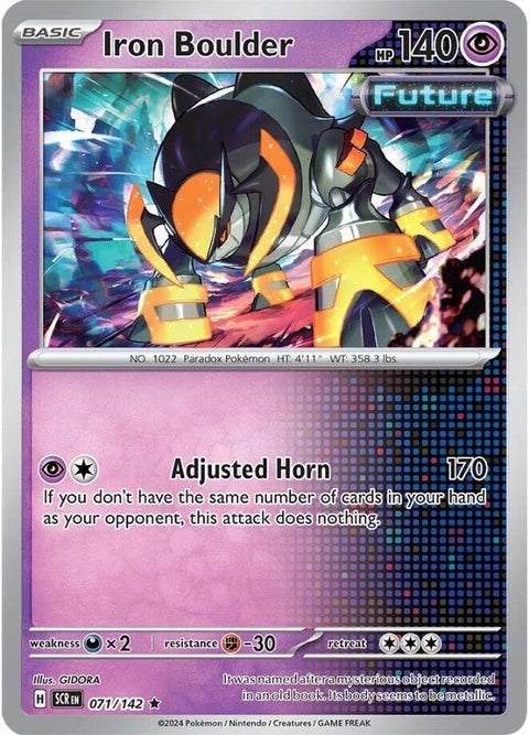 Pokémon Stellar Crown Iron Boulder 71 singles card featuring a detailed design and artwork of a boulder with a crown.