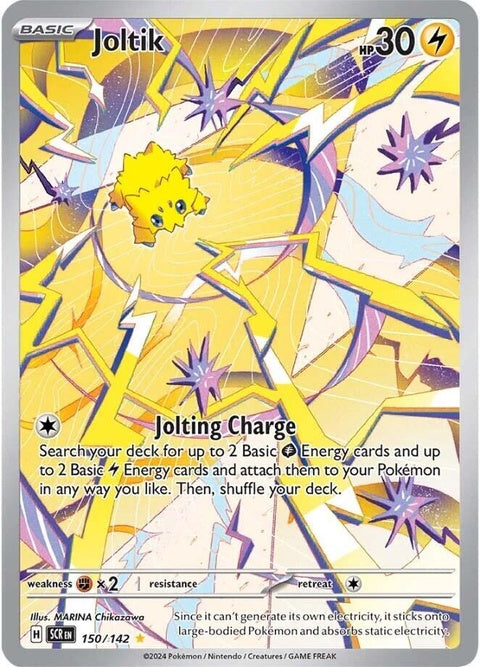 Pokémon Stellar Crown Joltik 150 card featuring a small, spider-like Pokémon with blue and yellow coloring in a detailed illustration.