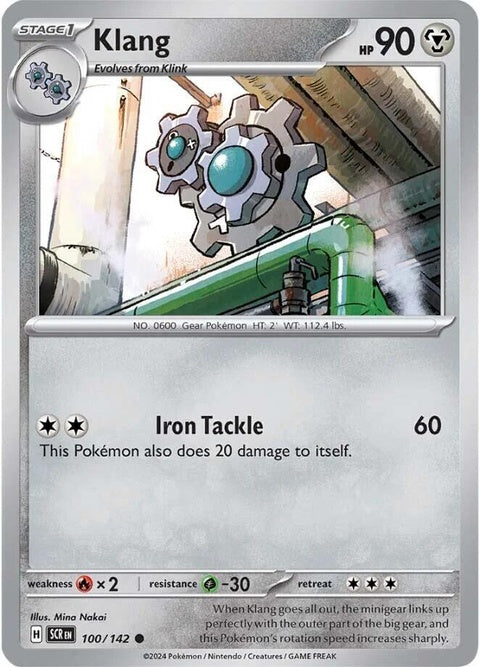 Pokémon Stellar Crown Klang 100 singles card featuring artwork of Klang, a Steel and Electric-type Pokémon.