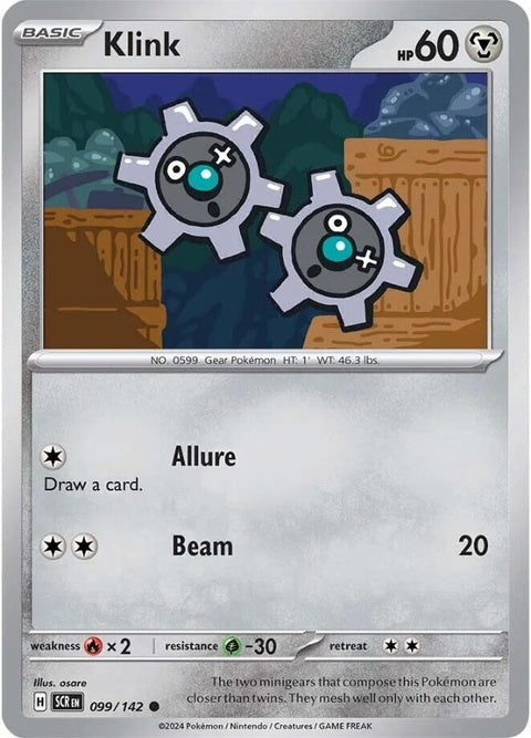 Pokémon Stellar Crown Klink singles card displaying shiny metallic design and artwork featuring Klink in a close-up view.