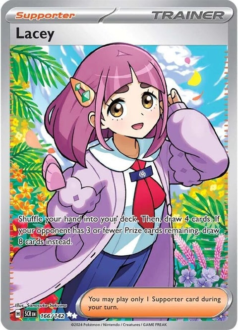 Pokémon Stellar Crown Lacey 166 singles card featuring a detailed illustration of the Pokémon in a regal design.