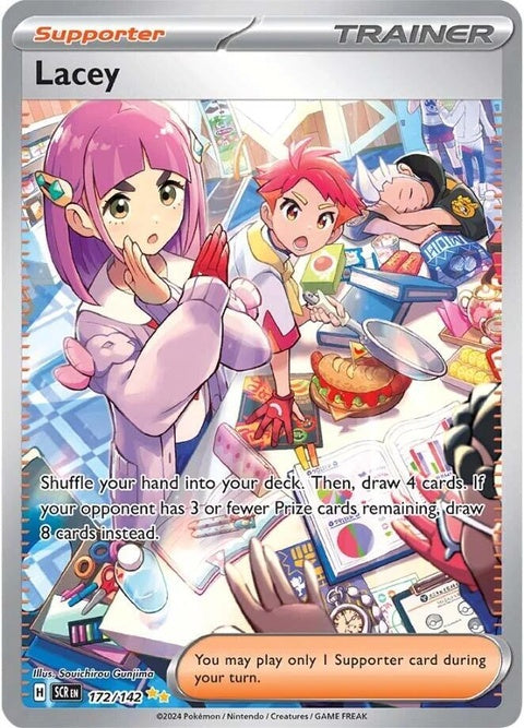 Pokémon Stellar Crown Lacey 172 singles trading card featuring a detailed illustration of the character.