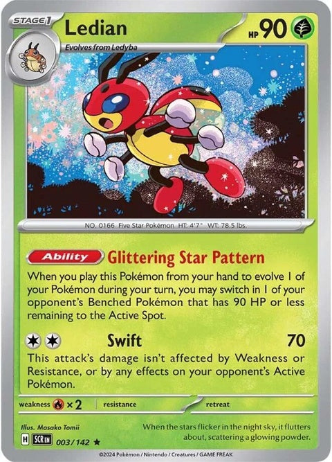 Pokémon Stellar Crown Ledian 3 singles trading card featuring Ledian in a colorful design.