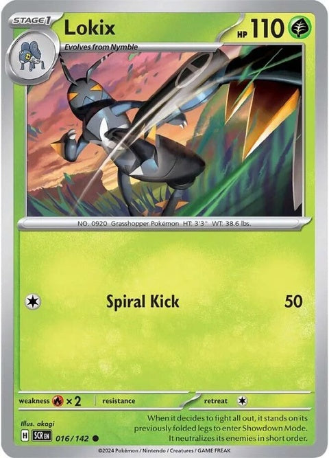Pokémon Stellar Crown Lokix 16 singles card featuring artwork of Lokix with a regal crown on a vibrant background.