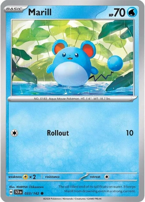 Pokémon Stellar Crown Marill 33 single card featuring Marill with a vibrant illustration and detailed artwork.