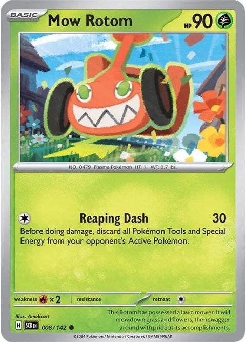 Pokémon Stellar Crown Mow Rotom 8 singles card featuring Mow Rotom character with vibrant artwork.