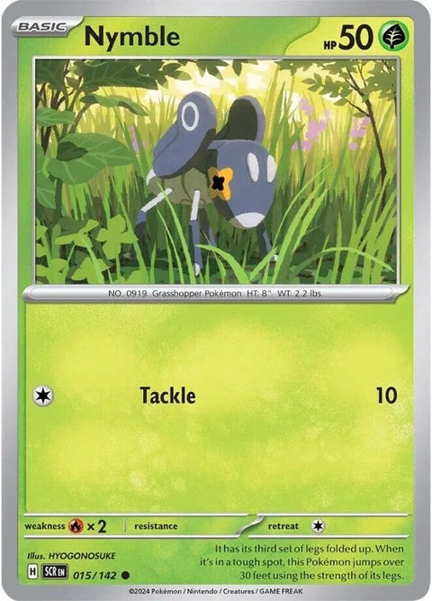 Pokémon Stellar Crown Nymble singles card, featuring vibrant artwork of the Nymble Pokémon on a colorful background.